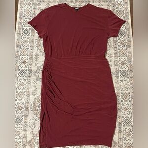 Like New Express Burgundy Suede Like T-Shirt Dress with Ruching sz XL